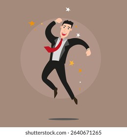 Illustration of a business man jumping for joy to celebrate his success in the business world from his own business.