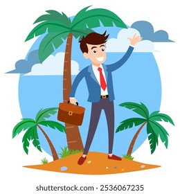 Illustration of a business man on a tropical beach with suitcase surrounded by palm trees and ocean waves