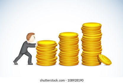 illustration of business man pushing coin bar graph