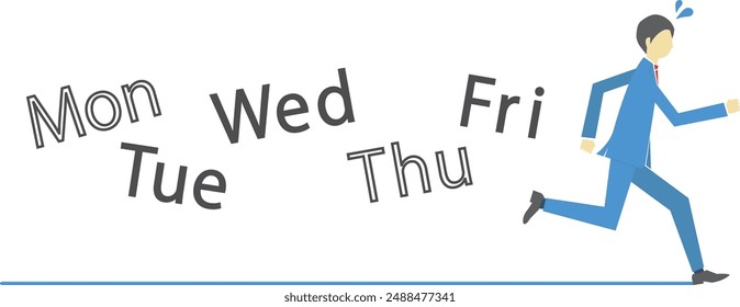 Illustration of business man running through week while sweating