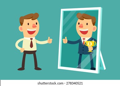 Illustration of business man see himself being successful in a mirror
