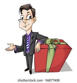 illustration of business man standing with gift box