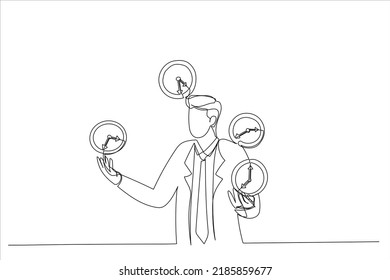 Illustration of business man successfully juggling managing time . Successful time management metaphor. One line art style
