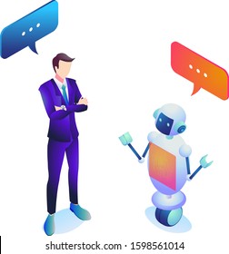 Illustration Of A Business Man Talking And A Small AI Robot.