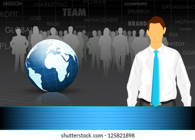 illustration of business man with team and globe in background