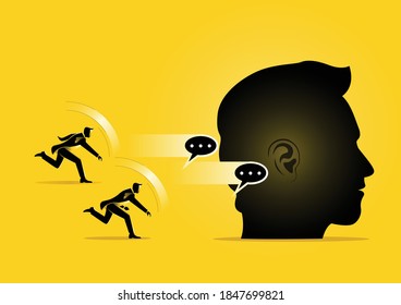 An illustration of business man throwing speeches to giant head 