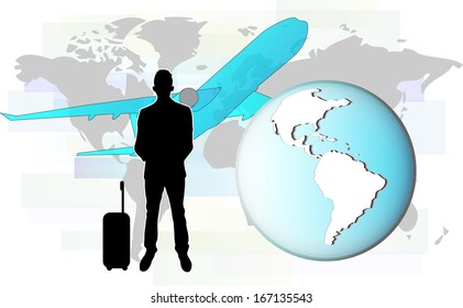 Illustration of business man travelling by plane.  Elements of this image are furnished by NASA