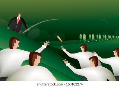 Illustration of a business man wearing a suit fishing with a carrot.