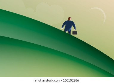 Illustration of business man wearing suit holding brief case walking down a hill. 