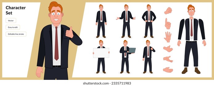 Illustration of business man, wearing suit in a set of multiple poses. Easy to edit with editable line strokes and isolated on white background. Suitable for animation.