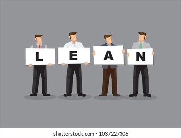 Illustration of business man and woman holding white board cards title lean. Full length on grey background. Portray a concept of lean startup