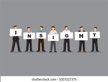 Illustration of business man and woman holding white board cards title insight. Full length on grey background. Portray a concept of agility teamwork.