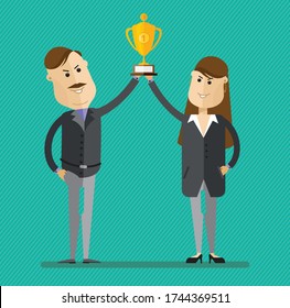 Illustration of business man and woman holding the winner's cup together
