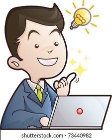 Illustration of a business man working on a notebook computer  with lighting idea bulb