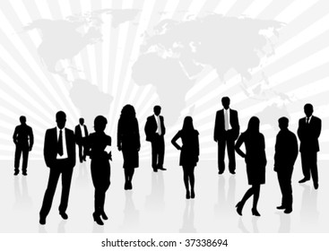 Illustration of business men and women, with reflection and world map as background