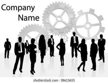 Illustration of business men and women, with reflection and wheels