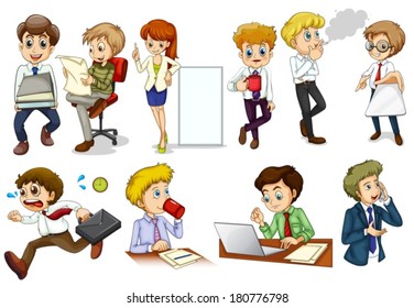 Illustration of the business minded people engaging in different activities on a white background - Powered by Shutterstock - Get 15% off with code: PIKWIZARD15