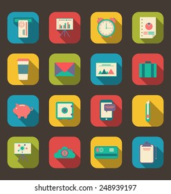 Illustration business and office objects, flat icons with long shadows - vector