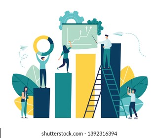 illustration of business, office workers study infographics on a graph from the columns, analyze the evolutionary scale, lift up-vector