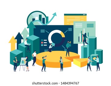 Illustration of a business, office workers study infographics on a graph of columns, analyze the evolutionary scale, business negotiations,  vector