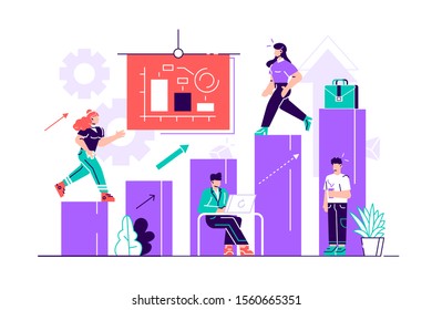 illustration of business, office workers study infographics on a graph from the columns, analyze the evolutionary scale, lift up-vector. Flat style modern design vector illustration for web page, card