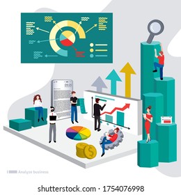 Illustration of a business, office workers study infographics on a graph of columns, analyze the evolutionary scale, concept of success.