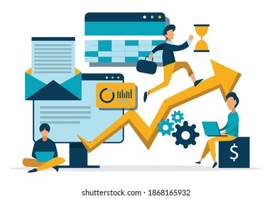 Illustration of a business, office workers study infographics on a graph of columns, analyze the evolutionary scale, business negotiations. Tiny people illustration. Vector illustration