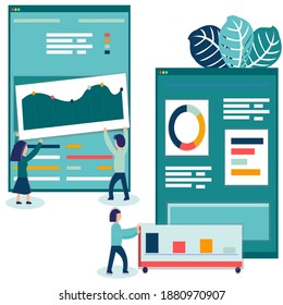 Illustration of a business, office workers study infographics on a graph of columns, analyze the evolutionary scale, business negotiations, vector