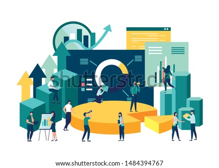 Illustration of a business, office workers study infographics on a graph of columns, analyze the evolutionary scale, business negotiations,  vector
