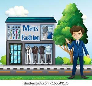 Illustration of a business owner outside the men's fashion shop