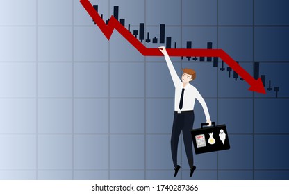 Illustration of a business owner who is Try to hold yourself with the arrow. The trend is steadily falling in a crisis. The owner of the company has a very high cost.