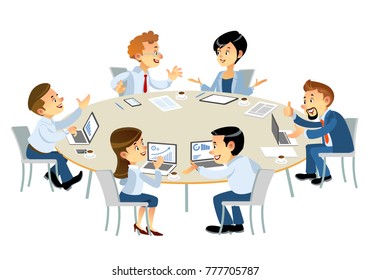  Illustration of business partners discussing documents and ideas at meeting.  Business people showing team work while working. People helping one of their colleague to finish new business plan. Busin