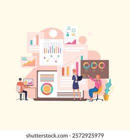 Illustration of business people analyzing data charts and reports. Perfect for data analytics, presentations, and corporate design projects.