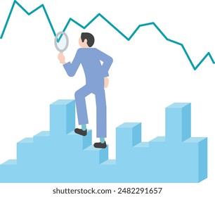 Illustration of  business people analyzing the rise and fall of a line graph (pictogram style)