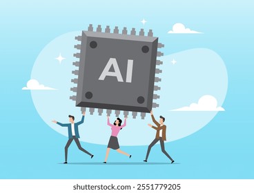 An illustration of business people carry AI processing chip. Embrace AI, Artificial Intelligence adoption, innovation or revolution to change business concept