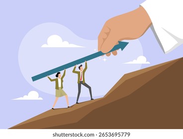 An illustration of business people carrying a large, upward-pointing blue arrow up an incline, symbolizing shared progress and growth, and Jesus hand assisting them