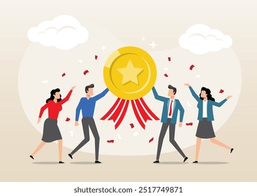 An illustration of business people celebrate high quality badge achievement. Team achievement, teamwork to help success together, best quality service reward, high performance staffs concept