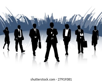 Illustration of business people and city