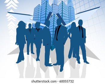 Illustration of business people and city