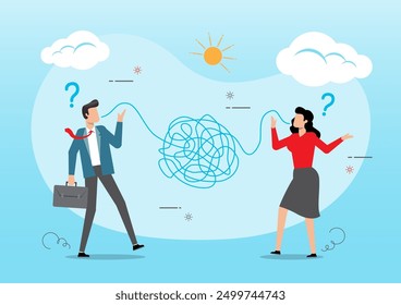 An illustration of business people colleagues communicate with messy line. Communication problem, conflict opinion, discussion or meeting conversation concept