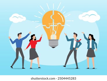 An illustration of business people connect lightbulb jigsaw puzzle. Idea brainstorming and collaboration to get solution, teamwork to develop idea together, employee participation concept