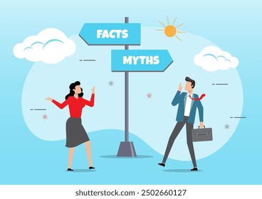 An illustration of business people at Facts vs Myths directional sign. Fact vs Myth, truth or false information to make decision, fraud or wrong direction concept