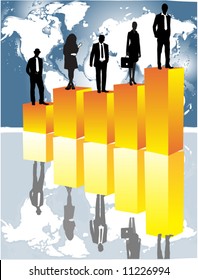 illustration of business people, graph and map