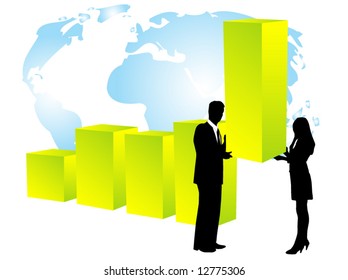 Illustration of business people, graph and map