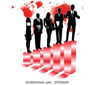 illustration of business people, graph and map