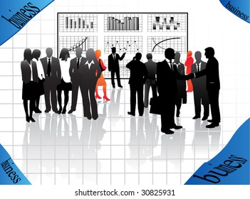 Illustration of business people and graphs