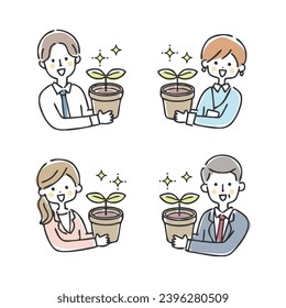 Illustration of business people growing plants.