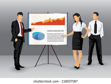 Illustration of business people making a presentation with the use of a white board showing pie-charts and graphs