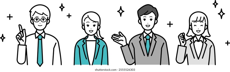 Illustration of business people male and female with positive reactions.