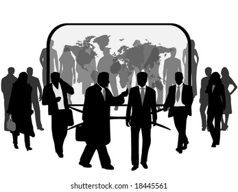 Illustration of business people and map